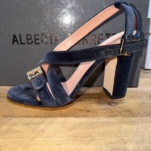 Alberta Ferretti Black Velvet Heels with Gold Accents